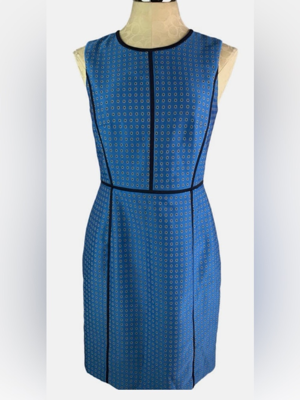 J. Crew Aqua Polka-Dot Sleeveless Sheath Dress with Dark Piping